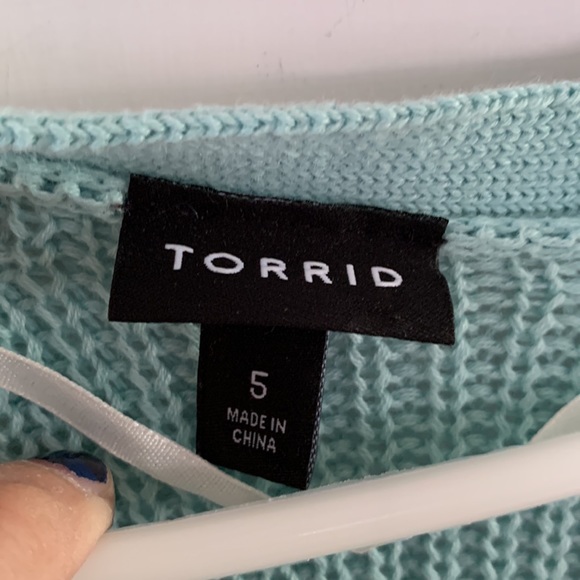 Torrid Size 5 aqua v-neck ribbed cardigan with lacy knit sleeves - Picture 5 of 8